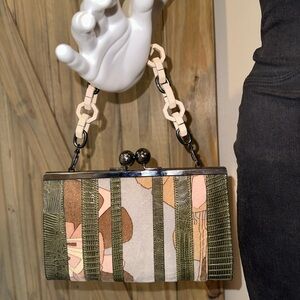 Vintage Leonard Paris genuine lizard velvet acrylic & metal link clutch …